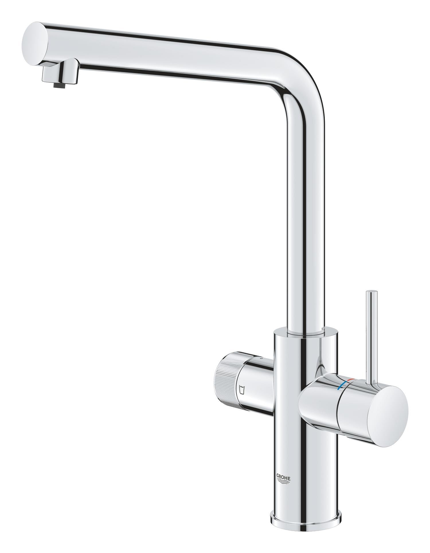 GROHE Blue Pure, Küchenarmatur, mit Filterfunktion (Gefiltertes Wasser: separater Griff, Filter unterhalb Spüle, Wasserhahn 150° schwenkbar, L-Auslauf, ohne Filter), chrom, 30588000