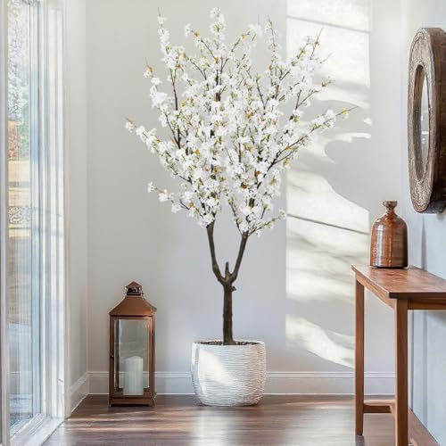 Artificial Cherry Blossom Tree 6ft Tall Indoor Faux White Flower Tree,Fake Cherry Blossom Tree for Home Office Party Wedding Decor