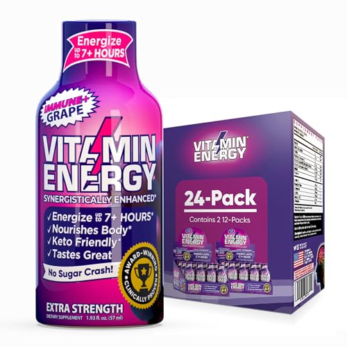 Vitamin Energy Immune+ Extra Strength Energy Shot Grape 24 Pack, 260mg Natural Caffeine, B-Vitamins, Citicoline, Green Tea, Immunity & Focus Support, Zero Sugar, Gluten-Free 1.93 fl oz