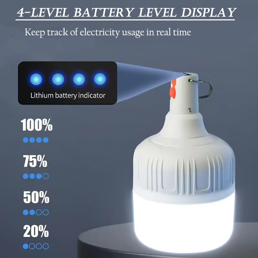 Lot de 2 lampes solaires LED pour tente de camping, 4 000 mAh, 3 modes, rechargeable par USB, lumière portable à suspendre, pour la pêche, les urgences, la cour, le jardin, 4 affichages de puissance