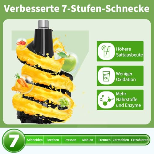 AIRMSEN Slow Juicer, Entsafter Gemüse und Obst mit 82mm Großem Einfüllöffnung für ganze Früchte entsaften, Max 450W BPA freie Cold Press Juicer Machine mit 2 Behälter und Bürste - Schwarz – Bild 5