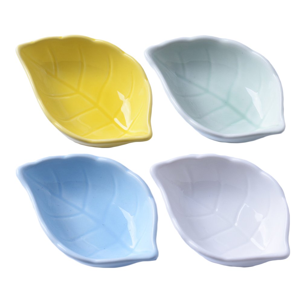 WAIT FLY Leaves Shaped Ceramics Seasoning Dishes/Tea Bag Holders/Ketchup Saucer/Appetizer Plates/Vinegar Spice Salad Soy Sushi Wasabi Seasoning Dipping Bowls, Set of 4