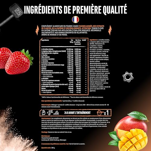 Push it to the Limit - Pré-entraînement avec L-arginine + citrulline + L-tyrosine + L-théanine + L-carnitine + AAKG + taurine + rhodiola rosea + caféine - Hautement dosé - 360 g - Mangue Fraise – Image 7