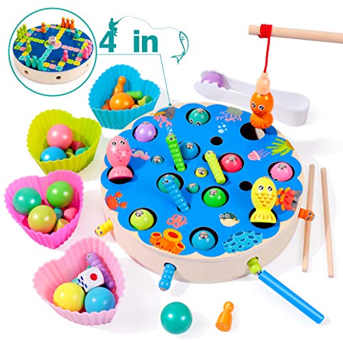 Rolimate Juguete de Pesca Juguete Educativo de Madera Juego de imán Clip Juego de Cuentas Habilidad motora Juguete de Aprendizaje Preescolar para 3 4 5 años Niño Niña Regalo de cumpleaños (67PCS)