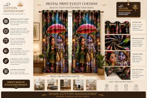 Image of Radha Krishna Digital Print Eyelet Curtain| 9Ft 1pc| Home Temple Decor