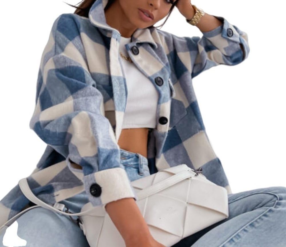 TOMPPYWomen'S Boyfriend Shacket Checked Flannel Shirt Jacket Oversized Long Lantern Sleeved Blouse Button Pockets Shirt Tops Check Coat Wool Blend Autumn Spring Winter,Blue,Xl