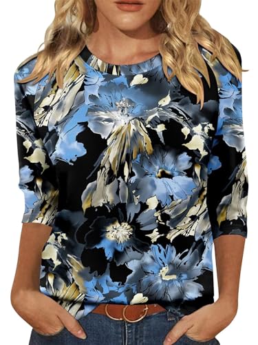 KISSMODA Tunic Tops for Women Loose Fit Dressy Round Neck Pleated 3/4 Length Sleeve Spring Tops