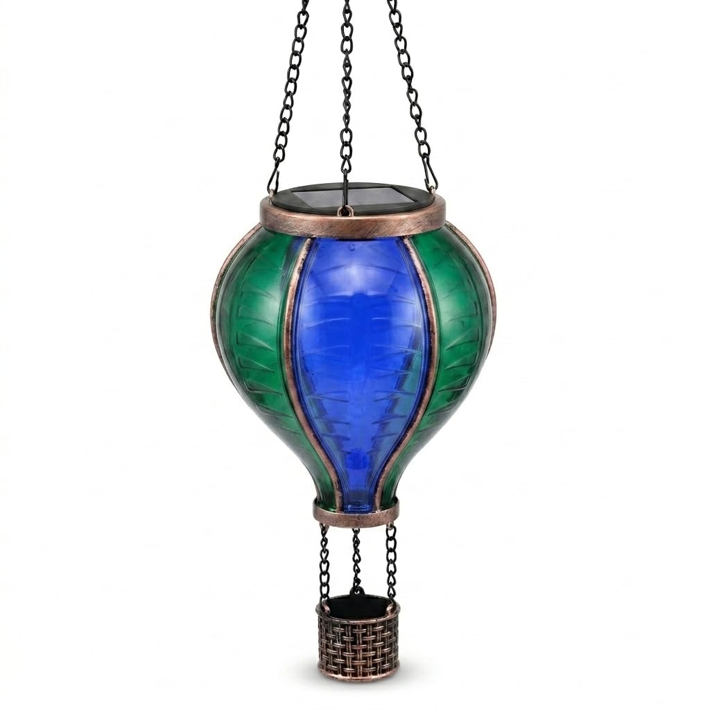 Solar Hot Air Balloon Garden Light Outdoor Hanging Lamp, LED Solar Powered Decorative Light for Patio Balcony Garden, Waterproof Colourful Balloon Lantern for Outdoor Decor (Green & Blue)