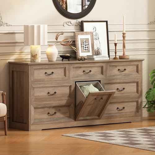 Image of UPOSOJA 63" Wide Farmhouse 7-Drawer Dresser with 2 Laundry Hamper for Bedroom,Chest of Drawers, White Finish, Vintage Black Handles, Living Room Storage Cabinet,Gray