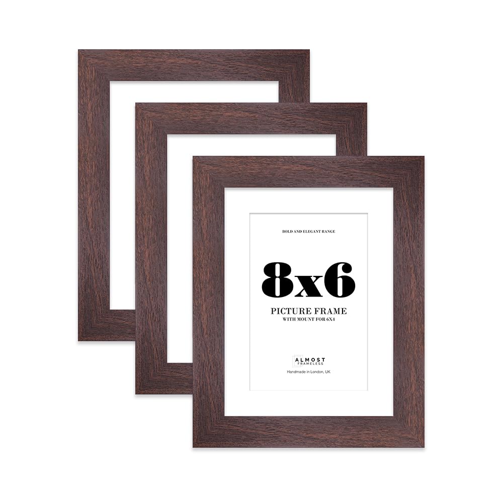 8x6" Walnut Frame With Mount for 6x4" Pictures 28mm Edge Portrait and Landscape Display with Wall Hooks and Kickstand, 3 Pack