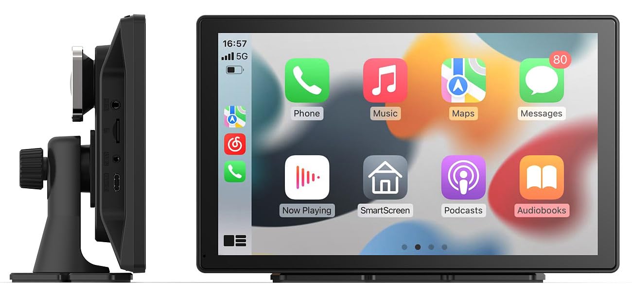 Lescars Apple Carplay Display: IPS-HD-Display für Android Auto & CarPlay, 9" / 22,9cm, 2K-Frontkamera (Auto Monitor, FM Transmitter, SD)