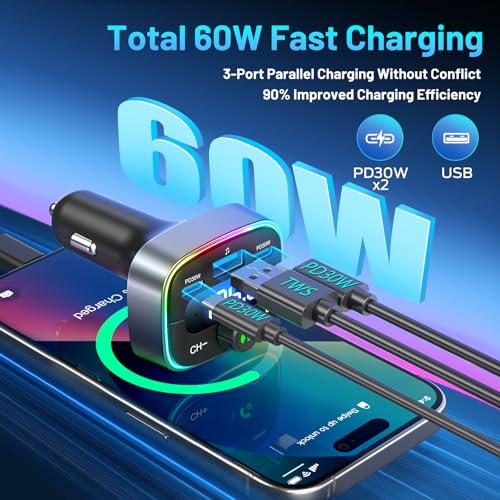 Bluetooth 5.4 Car Adapter 60W Charging FM Transmitter