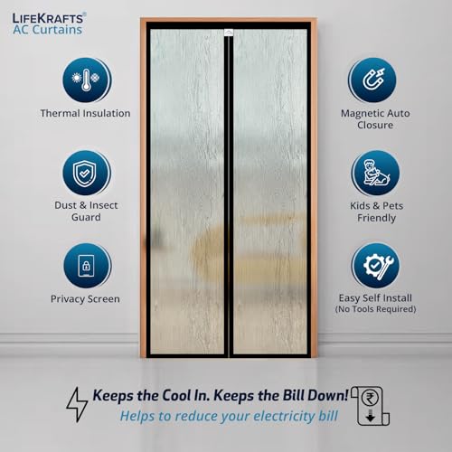 Image of LifeKrafts AC Curtain Magnetic|Thermal Screen|Insulated|Translucent Wood Grain Pattern|Insect & Pest Control|Privacy Screen, Dust, Pollen & Pollution Control Screen(Size 210 x 90 cm) Non-Customizable