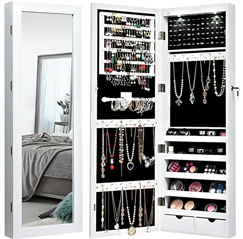 Giantex Jewelry Armoire Wall Door Mounted, Lockable Jewelry Cabinet with 42.5'' Full Length Mirror, 2 LEDs Jewelry Organizer Box with 2 Drawers, Mirror with Jewelry Storage (White)