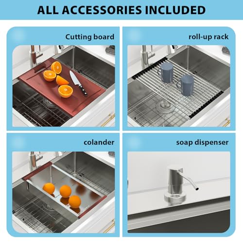 Image of Kichae 25 Drop In Kitchen Sink with Faucet Combo - Workstation Kitchen Sinks 25 x 22 Inch Workstation Sink Topmount Overmount Single Bowl Handmade Basin All Accessories Included