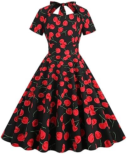 Vestido Vintage Años 50 con Cerezas– Acampanado, Manga Corta y Estilo Pin Up Elegante para Fiesta o Boda
