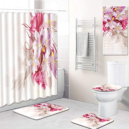 Claean-Acces-Home Badgarnitur Badematten Set 5 Stück 3D Flower Duschvorhang/Badematte/Wc-Pad Set Charakter Muster Anti…