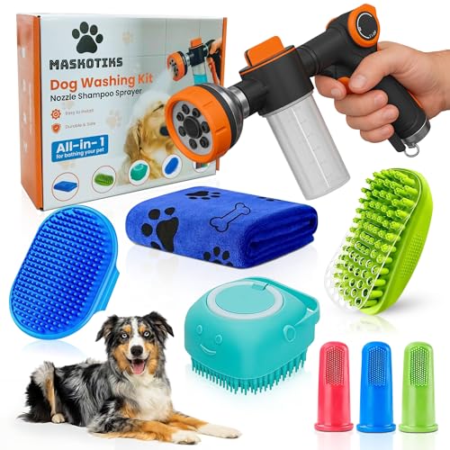 Maskotiks Dog Washing Hose Attachment for Tub All-in-One Dog Bath & Shower Sprayer Kit with Foam Dispenser 8 Spray Modes Grooming Brush Towel & Pet Care Accessories