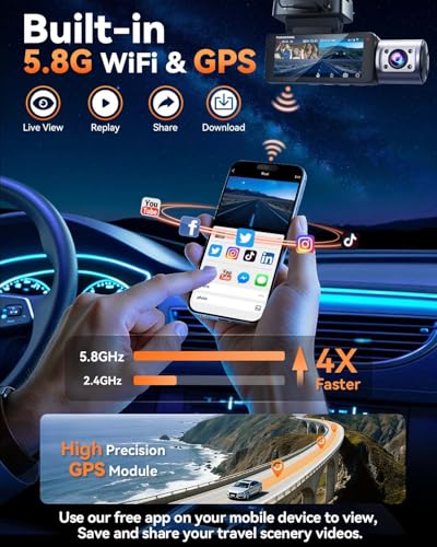 Image of 4K Dash Cam Front and Rear, Full HD 3 Channel Dashcam, Free 128GB Memory Card, Built-in 5.8GHz WiFi Built-in GPS, Collision Sensor, Night Vision, 3.16 inch IPS, 24H Parking Mode(Black)