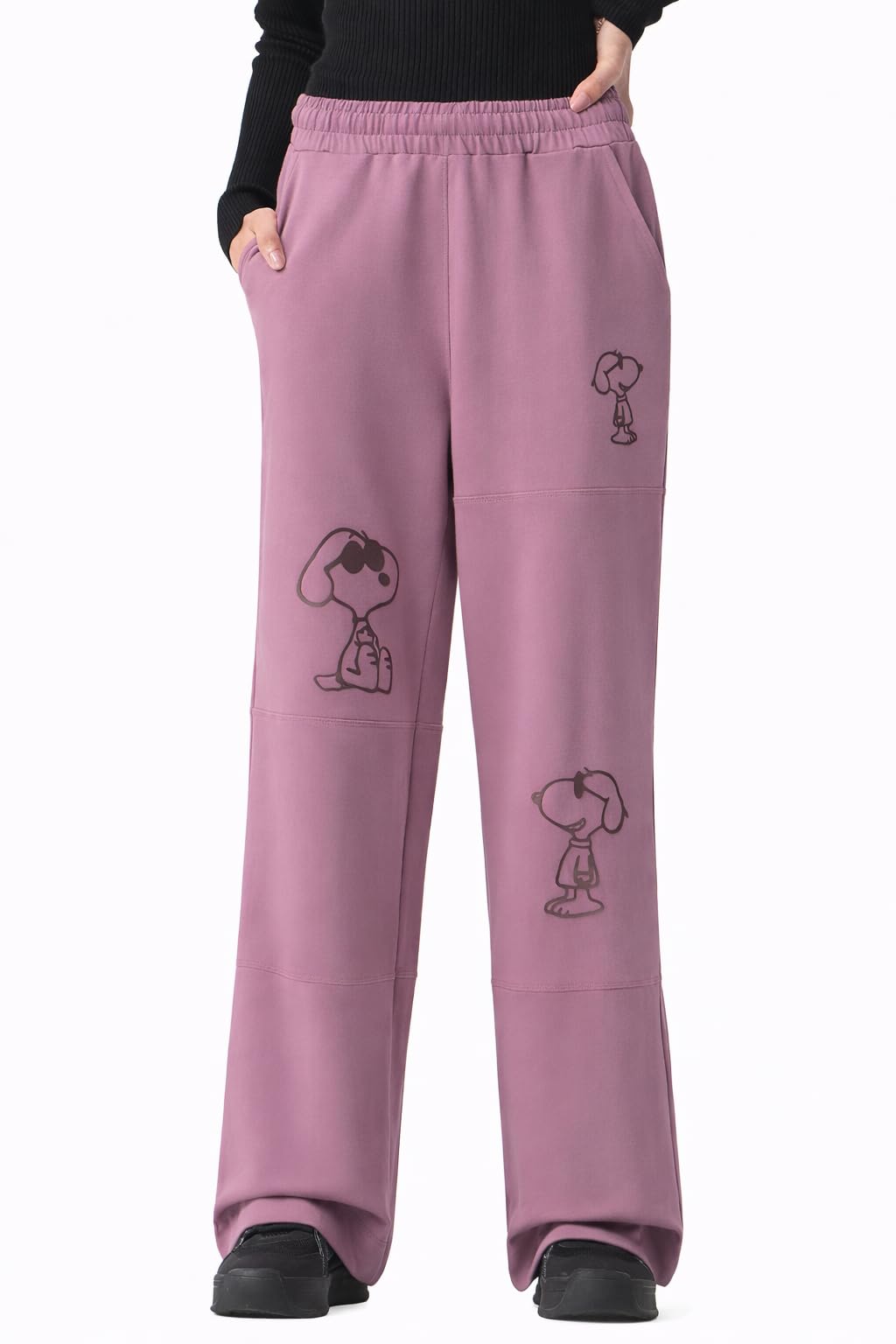 The Souled Store Peanuts: Happy Snoopy Damen-Jogginghose mit elastischem Bund, malvenfarben, bedruckt, Baumwoll-Fleece, ausgestellte Passform, leicht, für alle Jahreszeiten