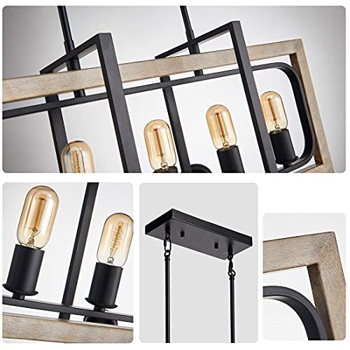 Tzoe Rectangle Dinning Room Chandeliers,Rustic Pendant Lighting For Kitchen Island, White Oak Wood Color Metal&Black Finish Vintage Industrial 5-Light Chandelier,L31.5" X W8.6" X H13.7" #TOP3