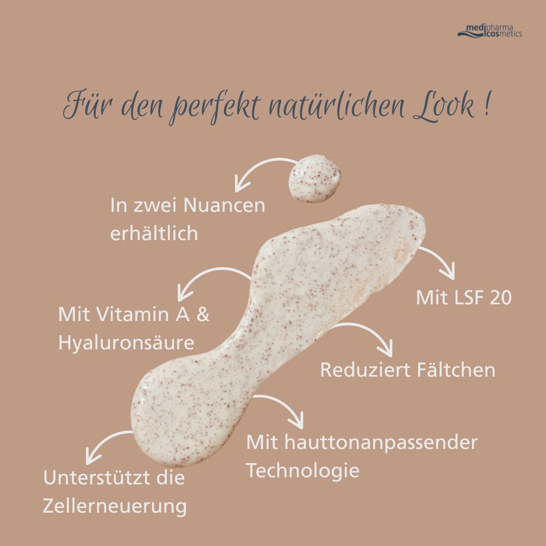 Hyaluron Nude Perfection hell - Tagespflege mit hauttonanpassender Technologie - mit Hyaluron & Vitamin A - LSF 20 - medipharma cosmetics - 50 ml (Packung mit 2)