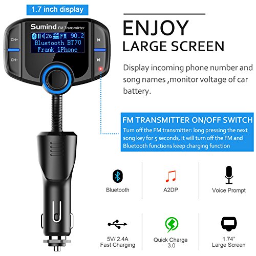 Bluetooth Trasmettitore FM con 1.7 pollici Display e Porte Doppio USB (Nero)