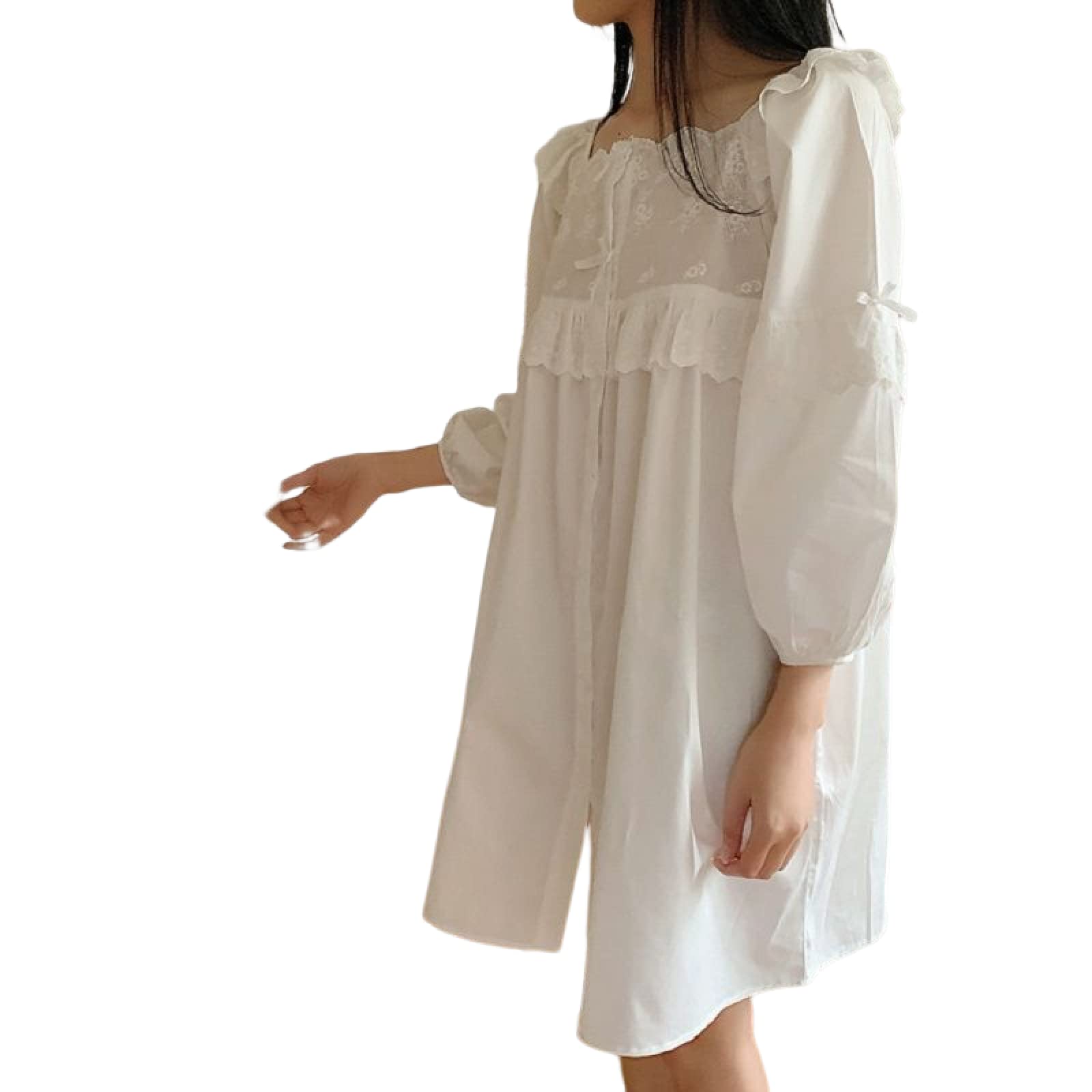 OFFSUM Camicia da Notte Donna - Primavera Estate Dolce Bowknot Camicia da Notte Floreale in Pizzo di Cotone Bianco Tinta Unita Classica Abbigliamento da Notte Casual Abbigliamento da Notte