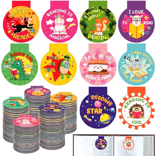 Resurhang 100 Pcs Reading Reward Magnetic Bookmarks for Kids Cute Animal Magnet Bookmark in 10 Designs 1.38 Inches Motivational Back to School Gifts for Teachers Students and Books Lover Gifts
