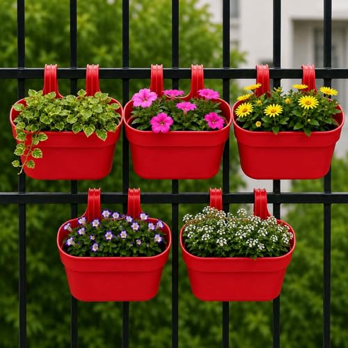 Image of Go Hooked 12 Inch Plastic Railing Hanging Planter Pot Set of 5 | Rectangular Flower Pots with Double Hook for Garden Fence Balcony Indoor Outdoor Home Decor | Durable Plant Container (Red)