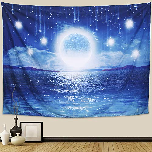 ARFBEAR Starry Ocean Tapestry, Night Sky Moon Star Light Shining Popular Wall Hanging Tapestry Pure Blue Beach Blanket (medium-59 x 51 in)