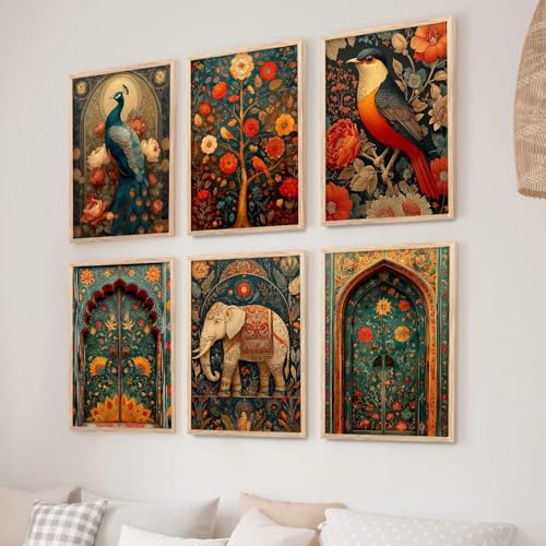 Image of kotart Madhubani Art Wall Painting Traditional Vastu Peacock Home Decoration With Frame For Living Room Bed Room Hotel Wall Decor Digital Reprint Set of 6 (10X13 inch)