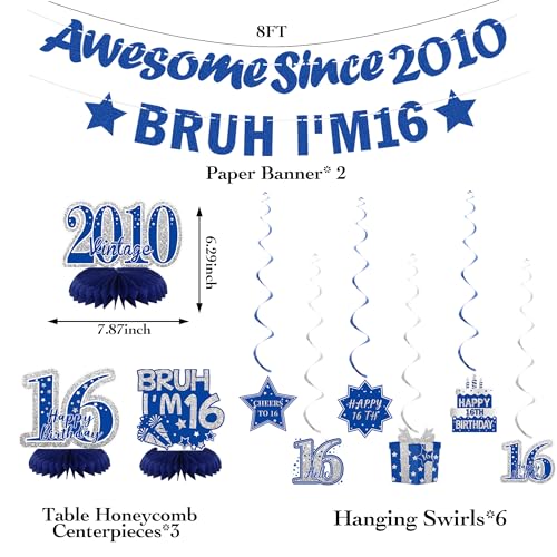 Image of Crenics Blue 2010 16th Birthday Decorations for Boys | Awesome Since 2010 Banner, Bruh I'm 16 Banner, Honeycomb Centerpieces and Hanging Swirls for 16 Years Old Party Supplies