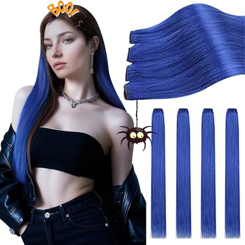 Image of Ugeat Blue Clip in Hair Extensions for Cosplay 20 Inch Hair Extensions Clip ins for Party Colorful Human Hair Clip ins Halloween Easy to Apply 4pcs 28g