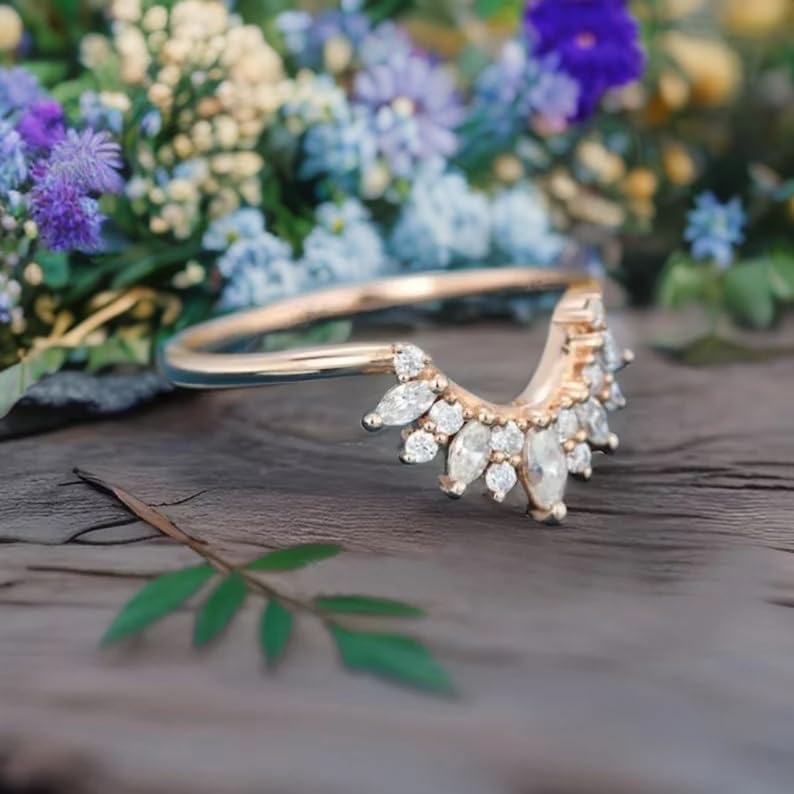 925 Sterling Silver Curved Vintage Wedding Band for Women Unique Marquise & Round Cut Moissanite Ring Traditional Jewelry Gift