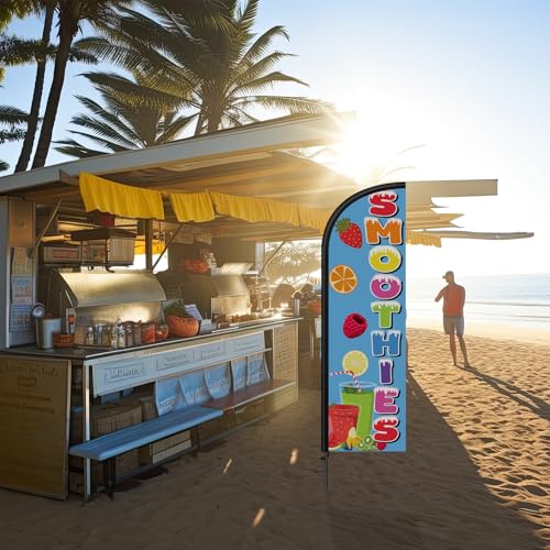 Image of Remagr 2 Pack Smoothies Feather Flag 7 ft Advertising Swooper Flag Sign Windless Smoothies Banner with Pole Kit and Ground Stake for Businesses Storefronts Retailers Shops Food Trucks Events