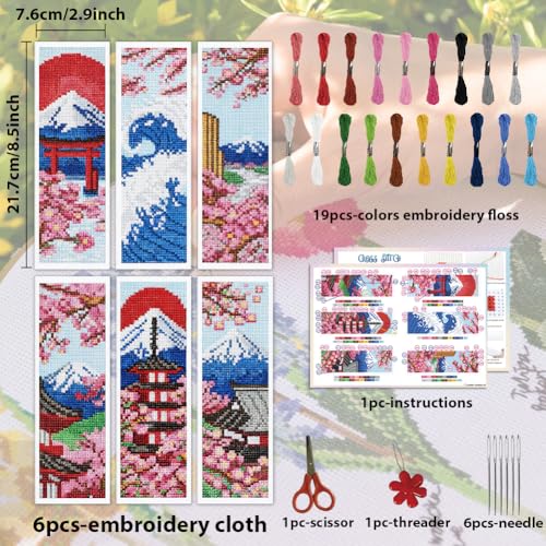 Image of ACRNIGHEET 6PCS Cross Stitch Bookmark Kit for Beginner Stamped Cross Stitch Kits for Adults Japanese Style DIY Embroidery Bookmark Kits Needlepoint Kit with Instructions Craft Gift 8.5''x3'' 11CT