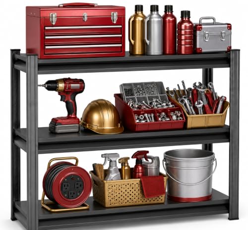 Image of Metal Garage Shelving Unit, Heavy Duty Adjustable Storage Shelves, Steel Shelving, 1500 LBS Capacity Shelves for Heavy Tools and Equipment, 3 Tier, 36 inch Wx 14 inch Dx 32 inch H
