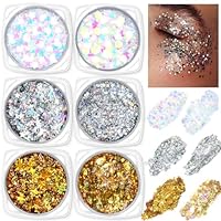 Festival Glitzer Gesicht gel,6 Stuck Body Face Glitter,Gesichtsglitzer Pailletten,Körperglitzer Gel,Festival Zubehör Gadget,für Halloween Schminke,Karneval Make up Glitter-6 Gold,Silber,Weiß