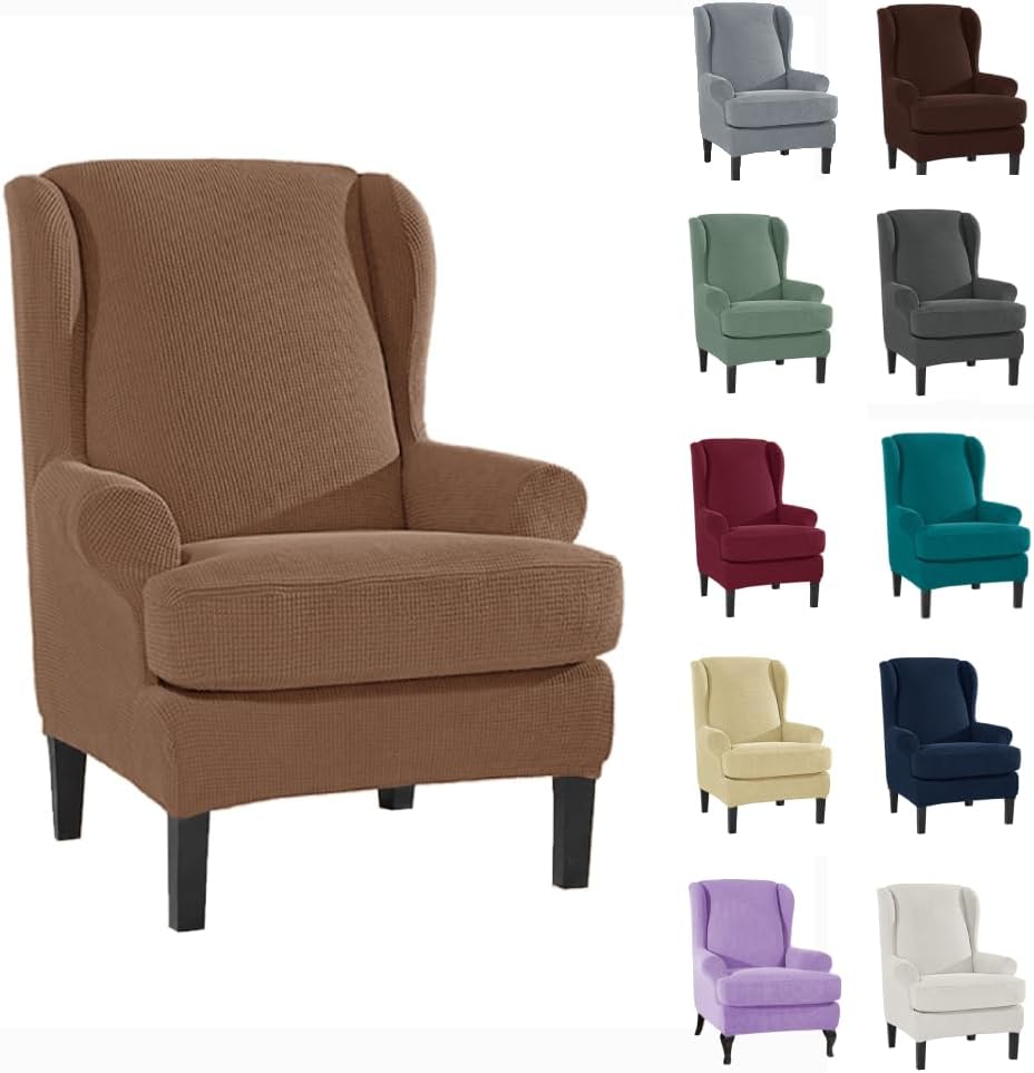 INFLAG Wing Back Chair Slipcovers, Stretch Spandex Wingback Chair Covers Sofa Slipcover Washable Chair Covers Armchair for Living Room and Bedroom (Beige)