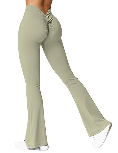 YEOREO Scrunch Flare Leggings Daze V Back Butt Lifting Wide Leg High Waist 31.5" Gym Workout Yoga Pants - Medium - Green