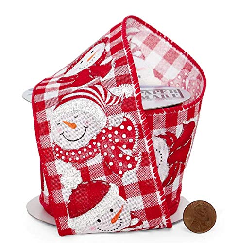 Image of Snowman Wired Christmas Tree Ribbon - 2 1 /2 inch x 10 Yards, Red White Buffalo Plaid, Jolly Snowmen, Garland, Gifts, Wrapping, Wreath, Bows