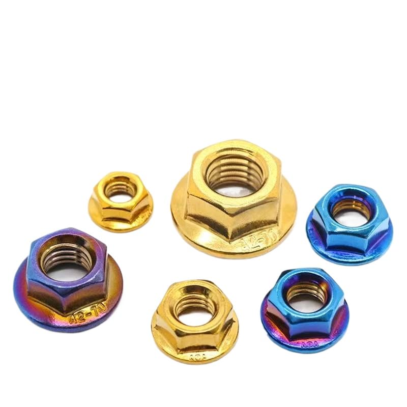 304 Stainless Steel Titanium Hex Nuts with Serrated Flange | M4 M5 M6 M8 M10 M12 Metric Fasteners | Cross Head Drive Anti-Lock Nuts for Automotive Motorcycle Bike Repair Hardware (Blue,M6,100pcs)