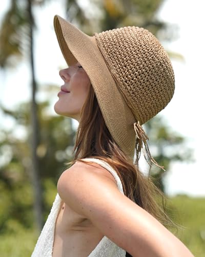 Furtalk HAOSH022-KHAKIA-DULT Sun Hats For Women Beach Hat Wide Brim Handmade Straw Hat Breathable Foldable Packable Cap thumb #5
