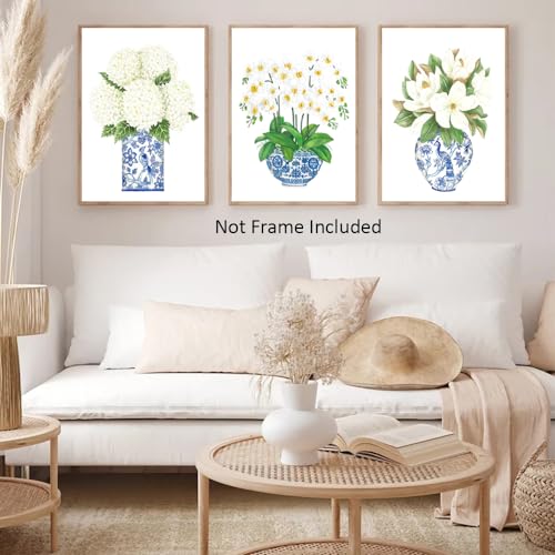 Chinoiserie Wall Art Prints Blue and White Chinese Vase Canvas Prints White Orchid & Pink Peony Watercolor Chinoiserie Canvas Wall Art Oriental Porcelain Art Painting for Home Bedroom Decor Unframed