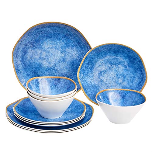 Amazon Basics 12-Piece Melamine Dinnerware Set - Service for 4, Blue Weathered Crackle