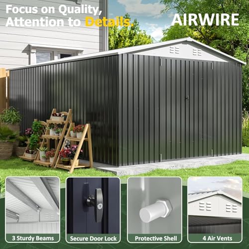 Image of AirWire 10x14 FT Metal Shed, Garden Storage Shed with Updated Frame Structure and Lockable Doors, Outdoor Heavy Duty Tool Sheds for Backyard Garden Patio Lawn, White