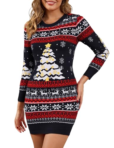 EWIGELIEBE Weihnachtskleid Damen Strickkleid Weihnachten Elegant & Lustig – Weihnachtspullover Kleid Lang mit Rentier/Tannenbaum Druck – Weiches...