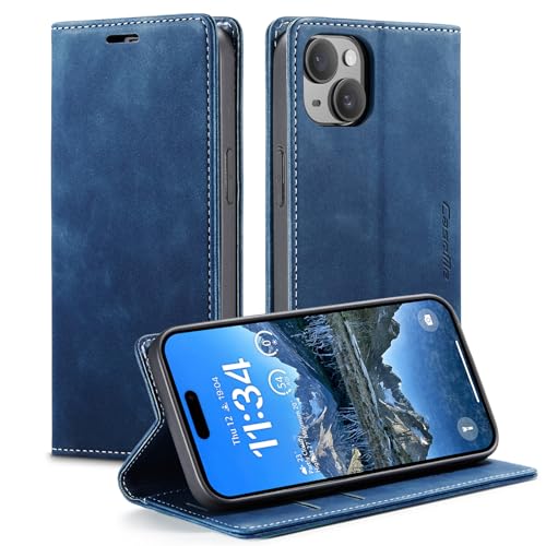 KZB Handyhülle für iPhone 13 Hülle Premium Leder Klappbar Tasche Flip Case Magnet Kartenfach Standfunktion Klapphülle Schutzhülle für iPhone 13 6 1 Zoll - Blau