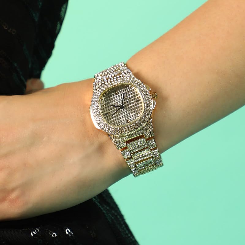 Image of Haute Sauce Women's The Embellished Cluster Square Watch | Gold Stainless Steel Strap | Crystal Silver Dial | One-Size | Foldover Closure | Quartz | Battery | Wrist Belt Watch for Female and Girls